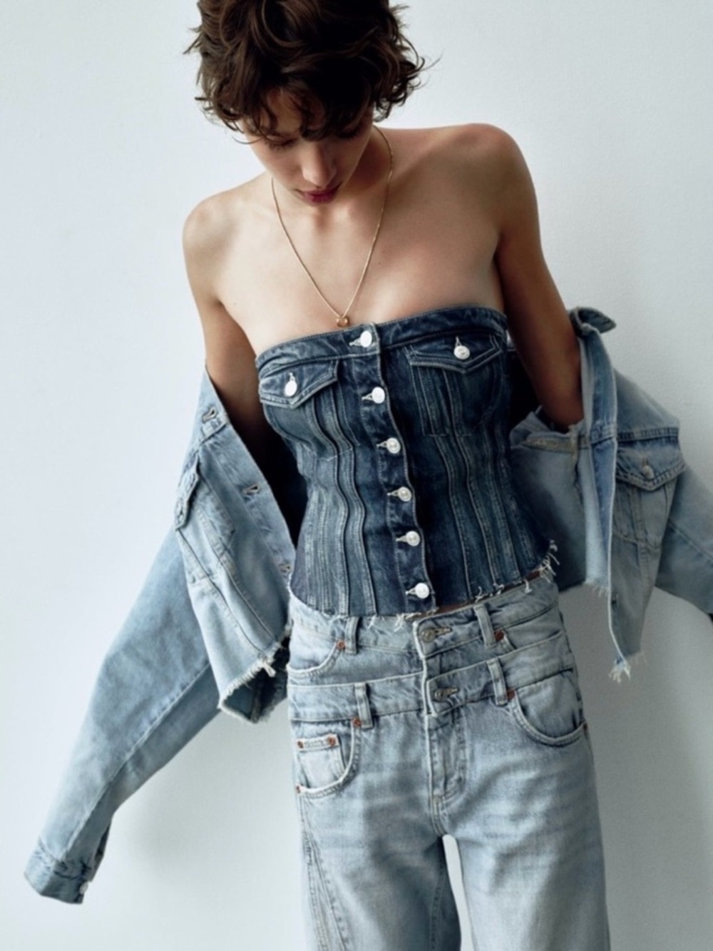 Zara Blue Denim Button-Up Bustier / Corset Size Medium